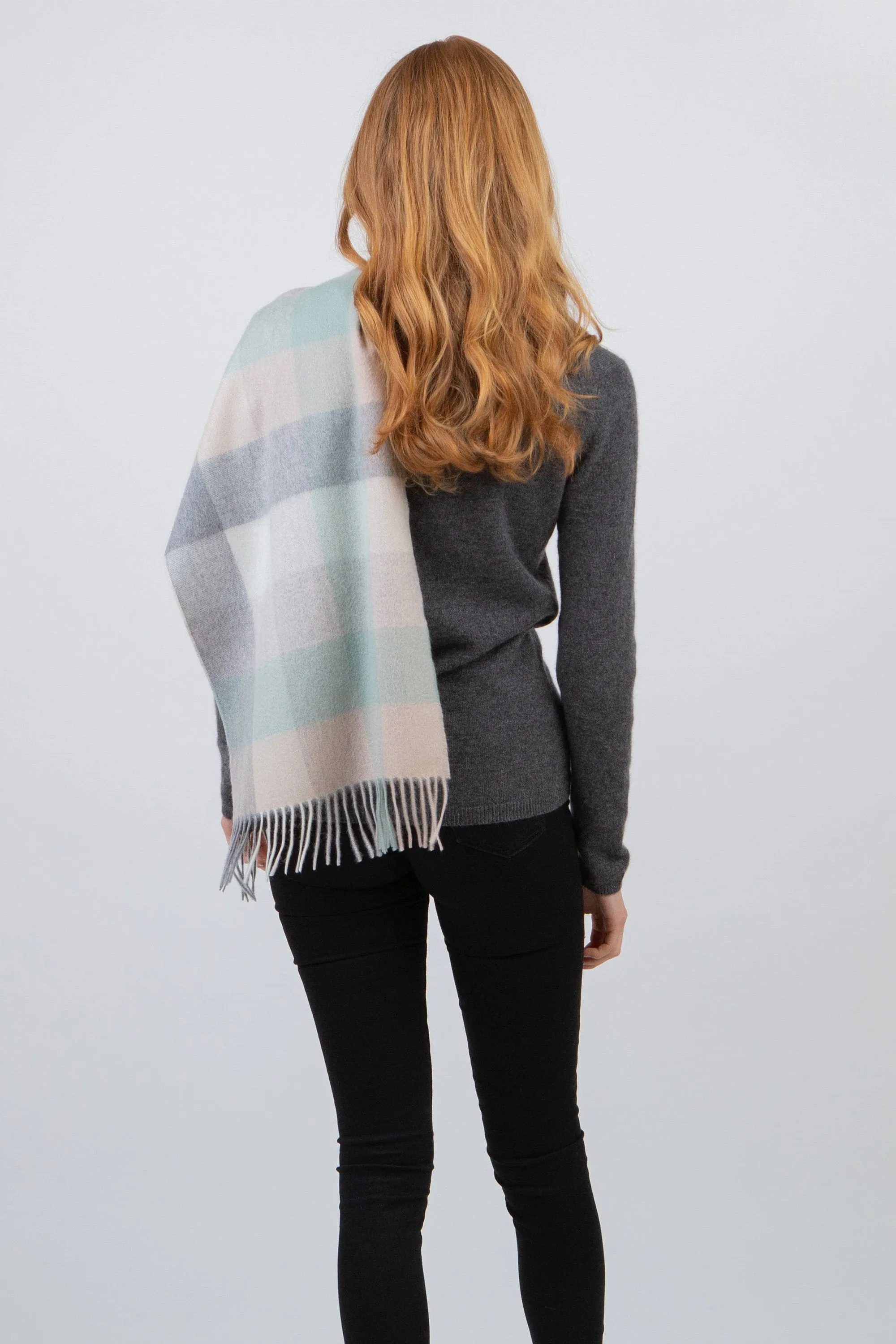 5 Square Check Cashmere Wide Scarf - Brume