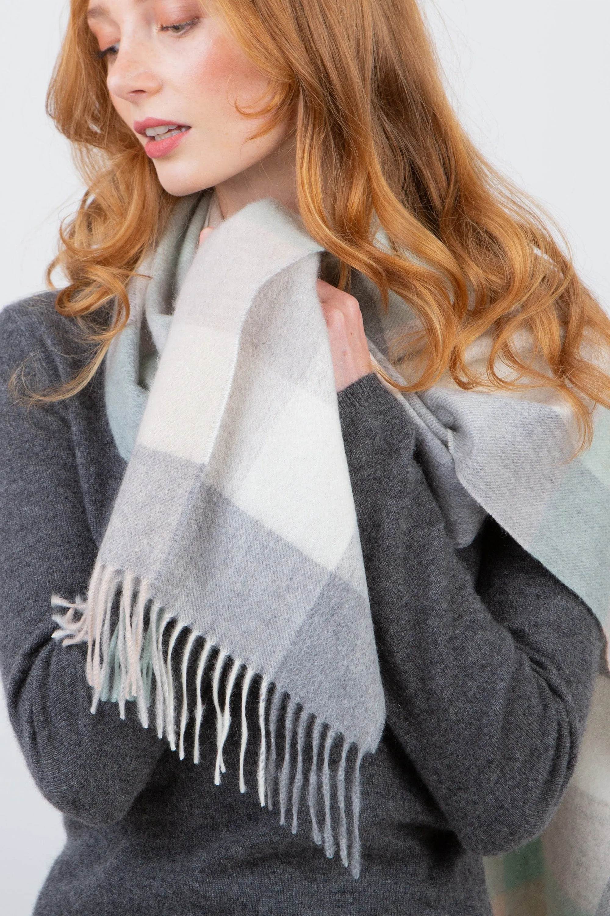 5 Square Check Cashmere Wide Scarf - Brume