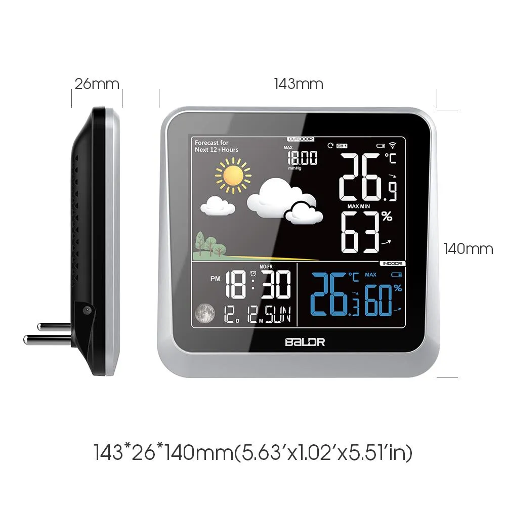 BALDR Wireless Indoor/Outdoor Weather Station - Thermometer & Hygrometer - Temperature & Humidity - Constant Backlight - Power Adapter Included