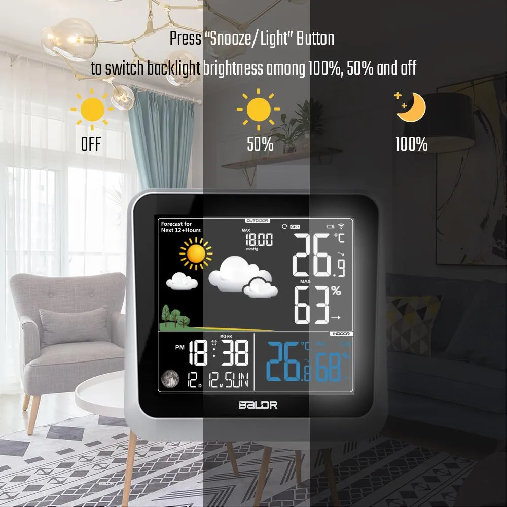 BALDR Wireless Indoor/Outdoor Weather Station - Thermometer & Hygrometer - Temperature & Humidity - Constant Backlight - Power Adapter Included