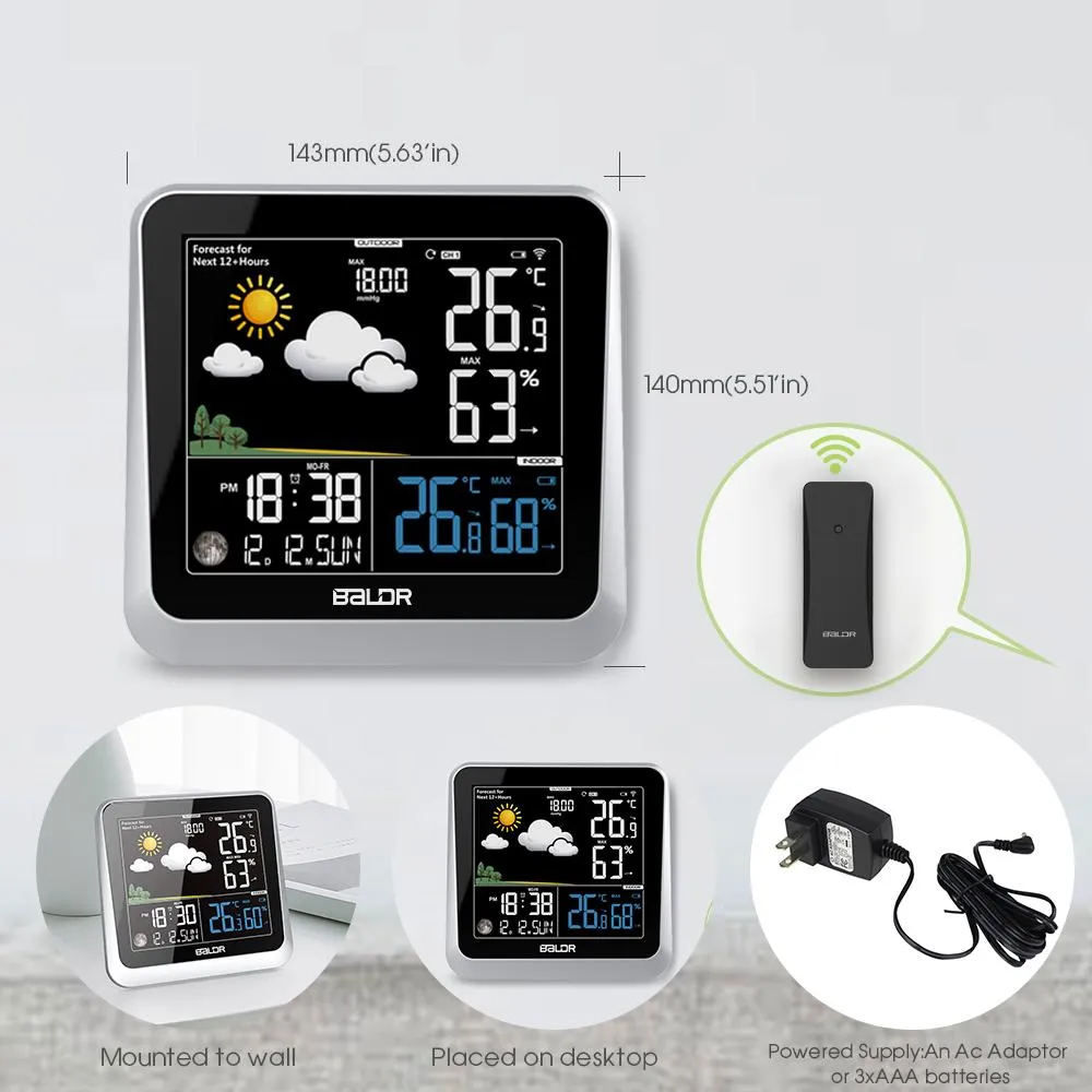 BALDR Wireless Indoor/Outdoor Weather Station - Thermometer & Hygrometer - Temperature & Humidity - Constant Backlight - Power Adapter Included