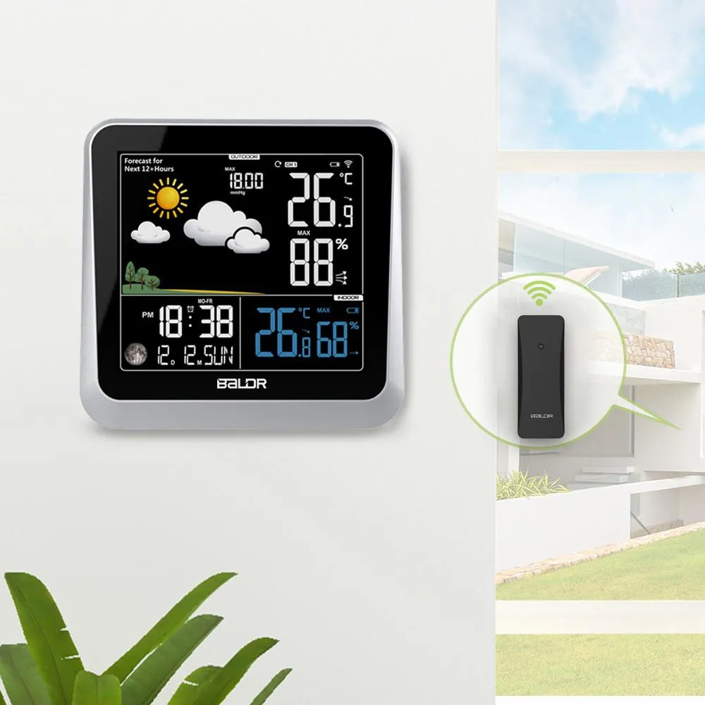 BALDR Wireless Indoor/Outdoor Weather Station - Thermometer & Hygrometer - Temperature & Humidity - Constant Backlight - Power Adapter Included