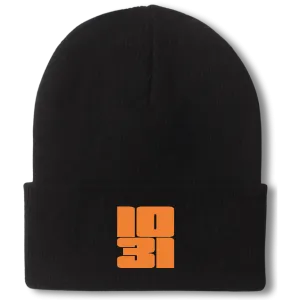 Black Halloween Knit Cuffed Beanie with Embroidered Orange 1031 Design