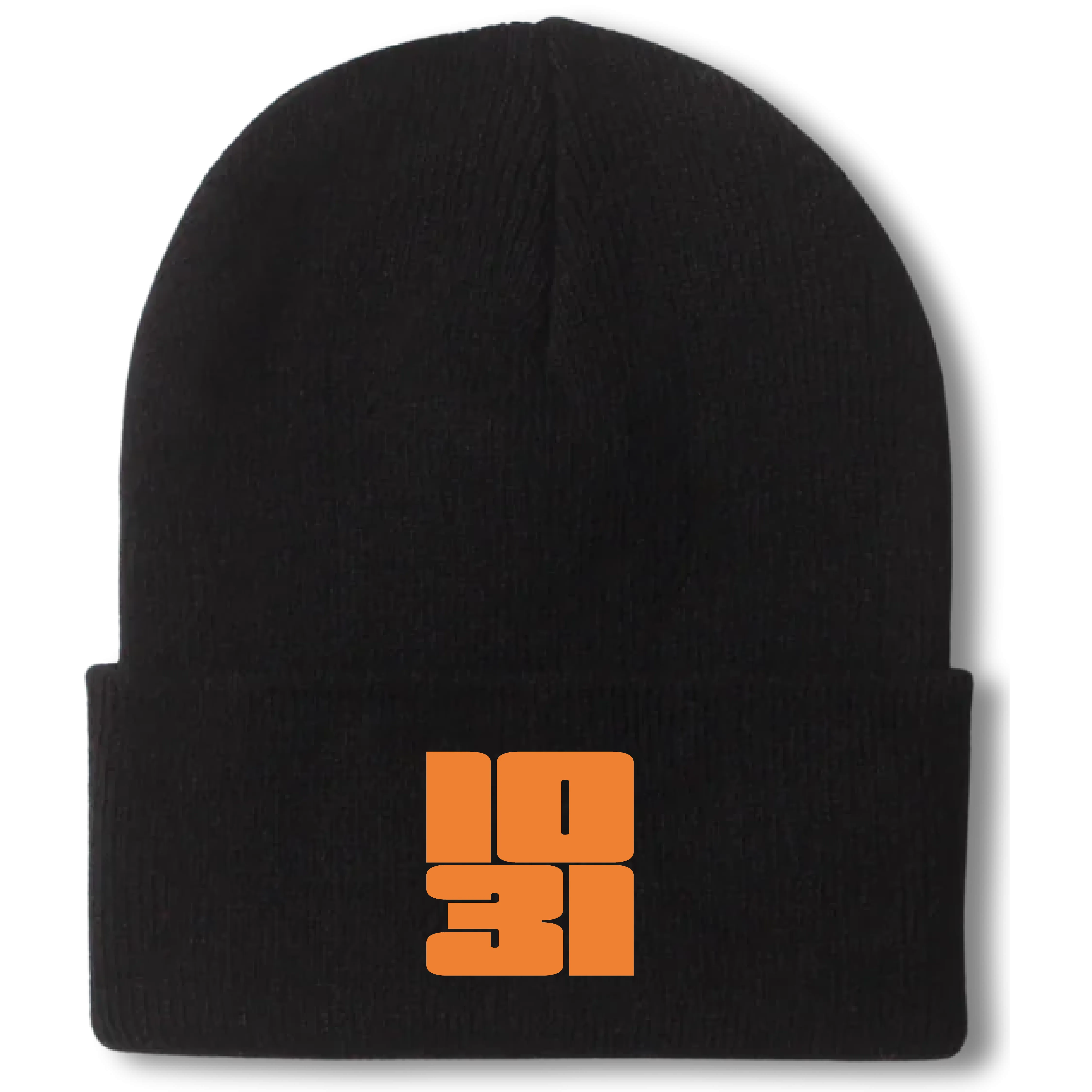 Black Halloween Knit Cuffed Beanie with Embroidered Orange 1031 Design