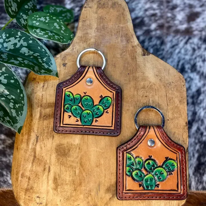 Cactus Tooled Leather Cow Tag Keychain