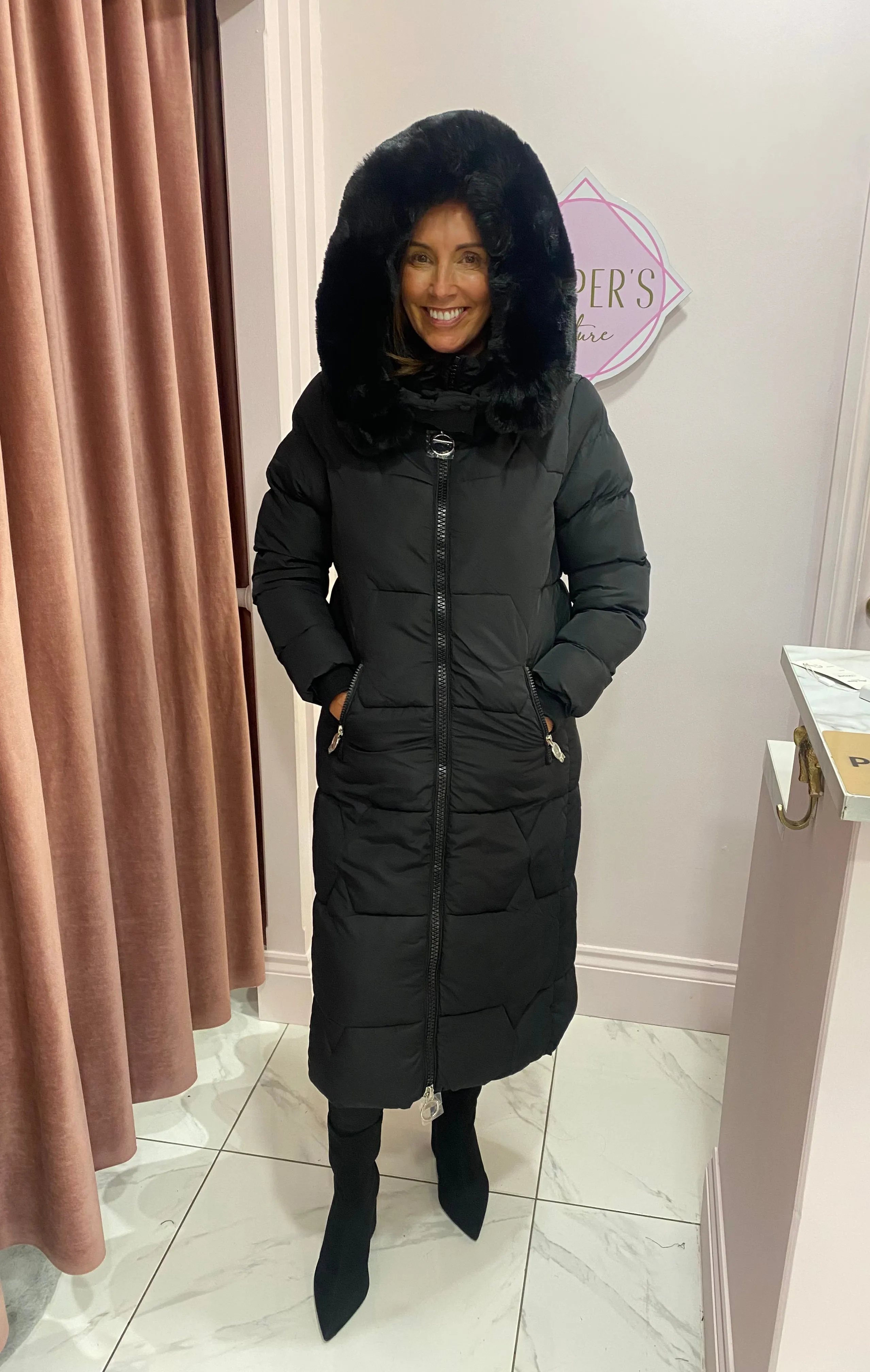 Caroline Black Longline Fur Hood Puffer Coat