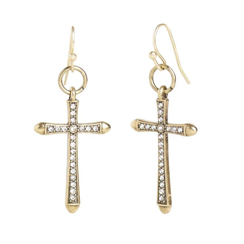 Dangle Cross with Stones Earrings - Gold