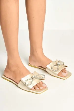 Darla Diamante Bow Square Toe Sliders in Champagne