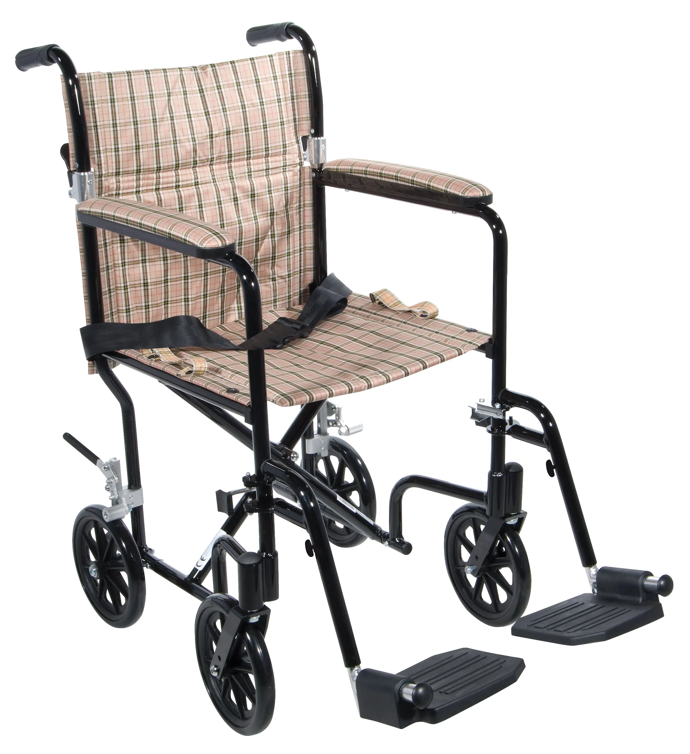 Drive Medical fw17db Flyweight Lightweight Folding Transport Wheelchair, 17", Black Frame, Tan Plaid Upholstery