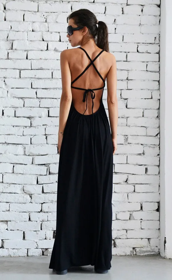 Elegant Long Black Dress With Open Back