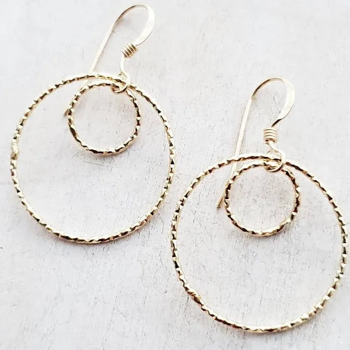 Gold Double Circle Diamond Cut Earrings