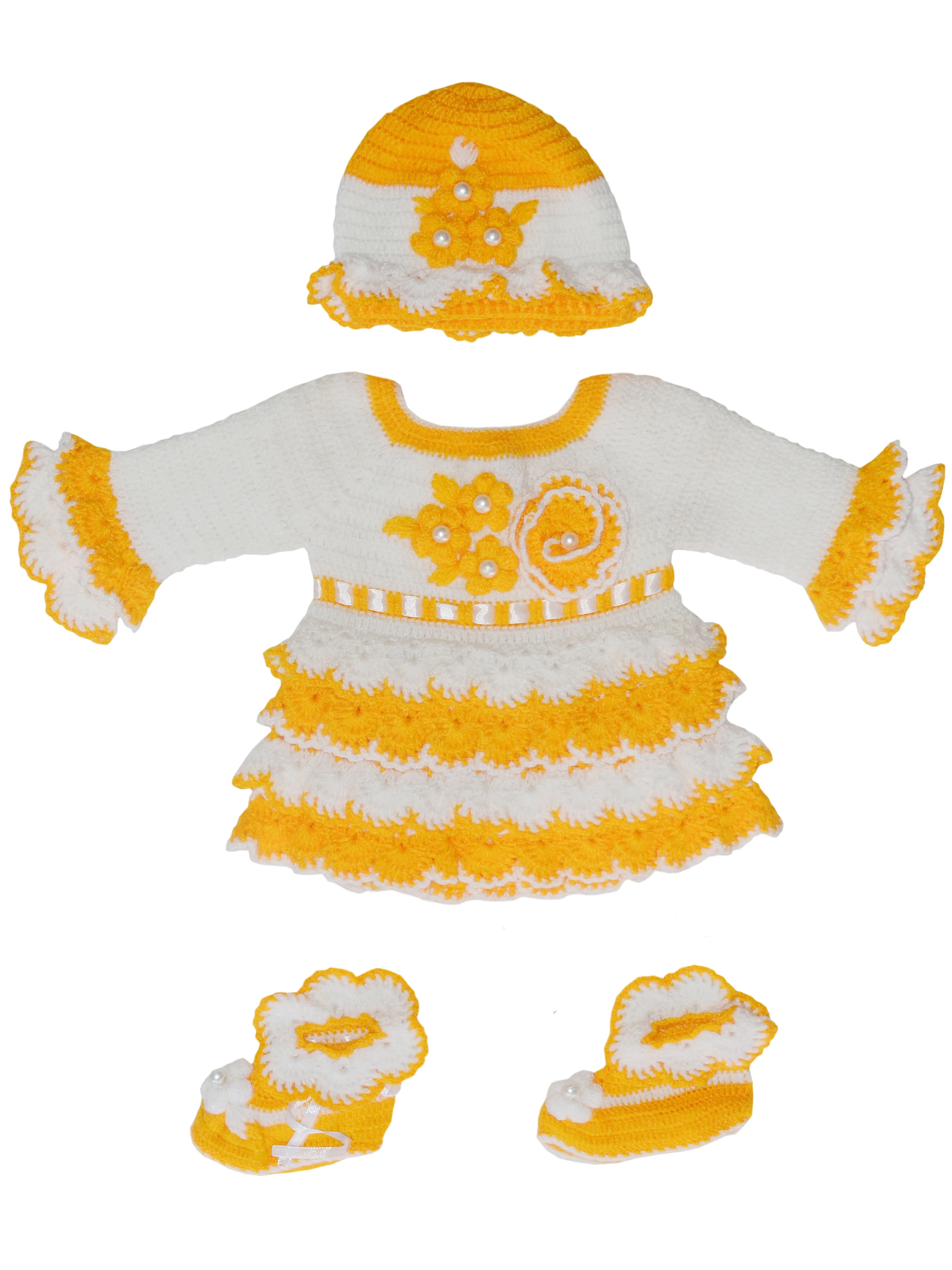 Graceful Handmade Design Frock Set With Full Sleeve Frock Set With Boots & Cap- White & Yellow