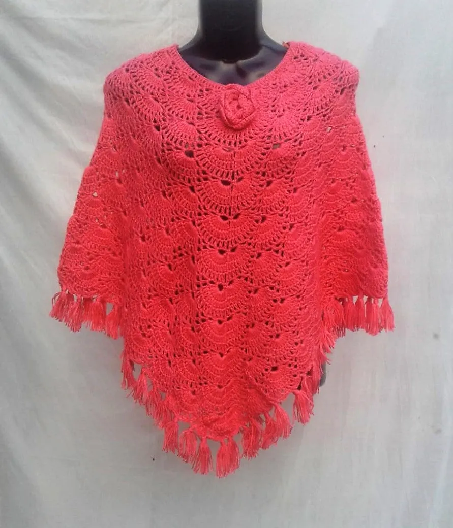 Graminarts Handmade Woolen Crochet Design Girls/Women Poncho - Rose Pink