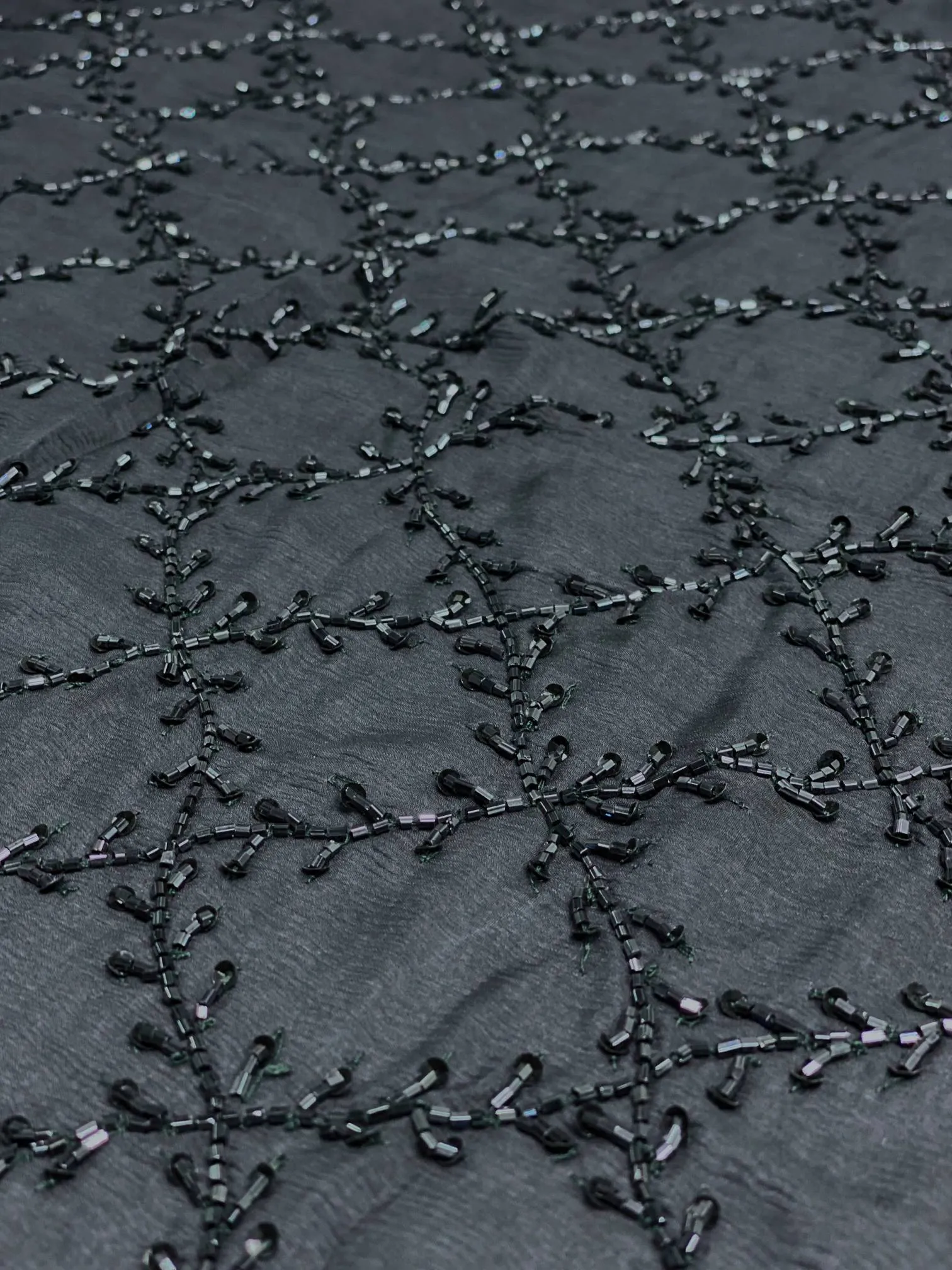 Graphite Gray Sequin & Beads on Silk Chiffon JEC-175 Fabric