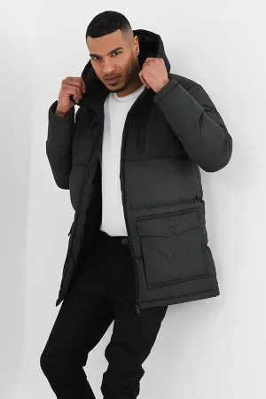 KHAKI HOODED ZIP THROUGH PADDED PARKA JACKET