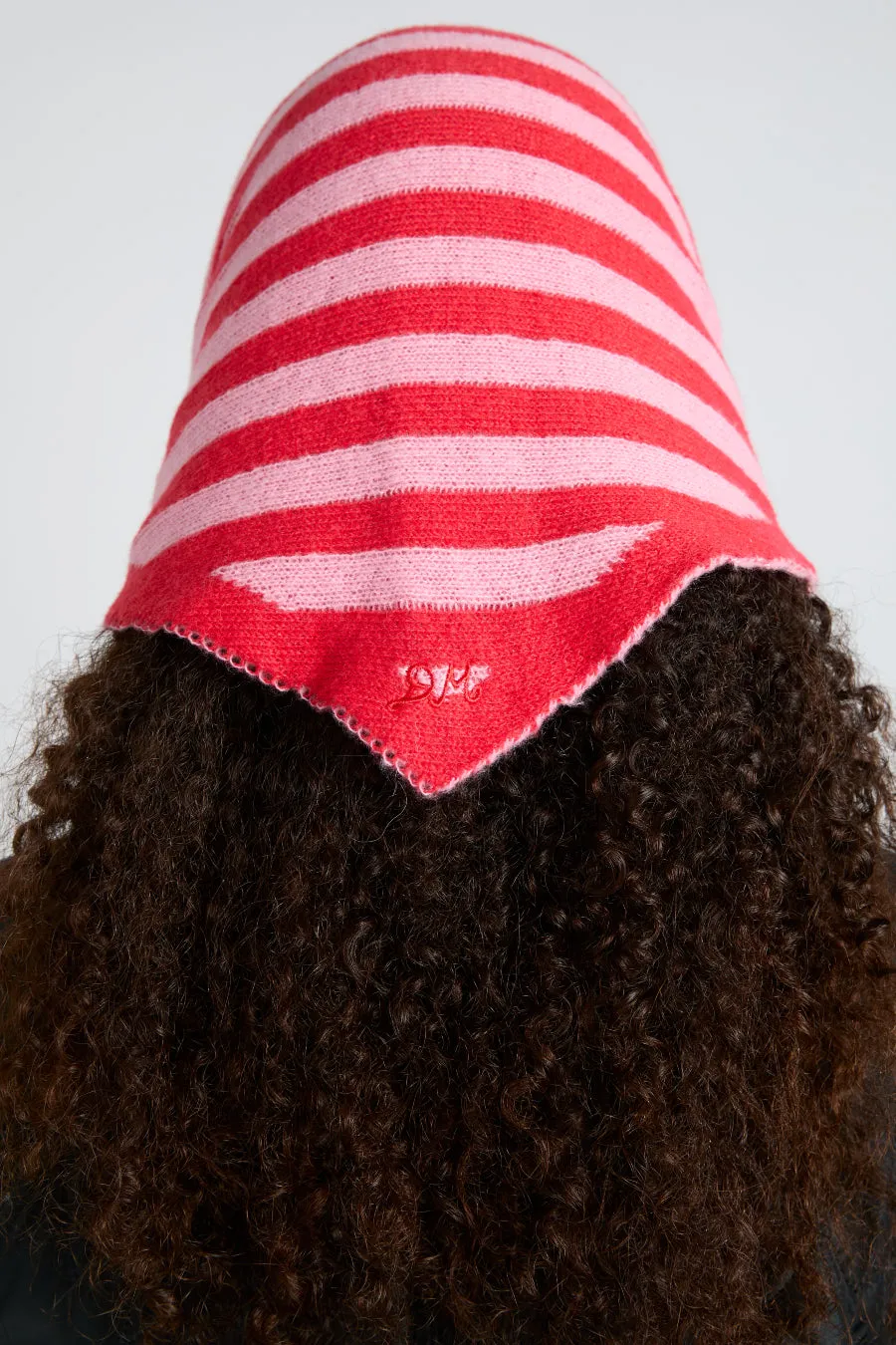 Chic Pink & Red Striped Knitted Triangle Headscarf