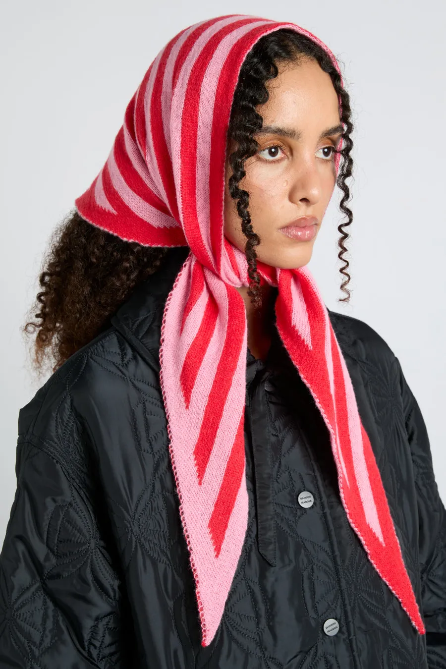 Chic Pink & Red Striped Knitted Triangle Headscarf