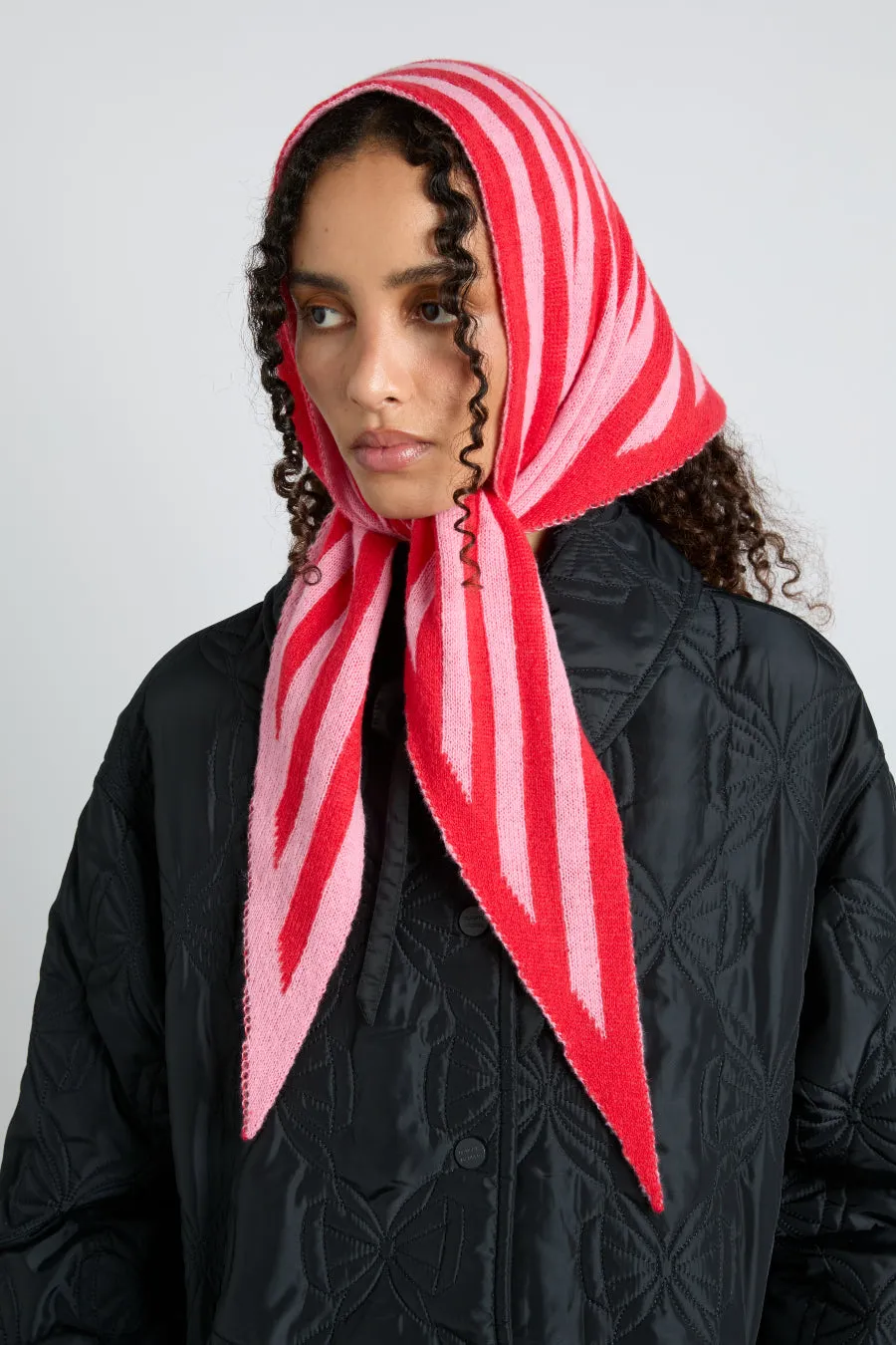 Chic Pink & Red Striped Knitted Triangle Headscarf