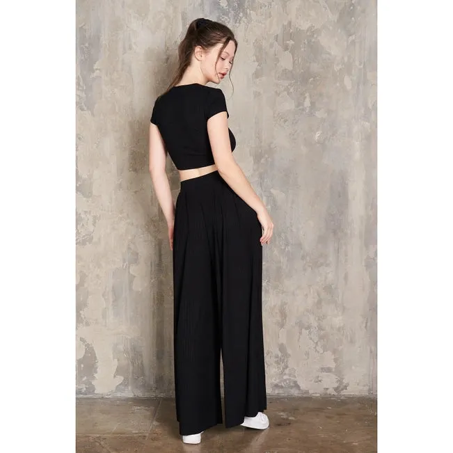 Maronie Rib Knit Pleated Wide Leg Pants | Black