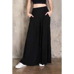 Maronie Rib Knit Pleated Wide Leg Pants | Black