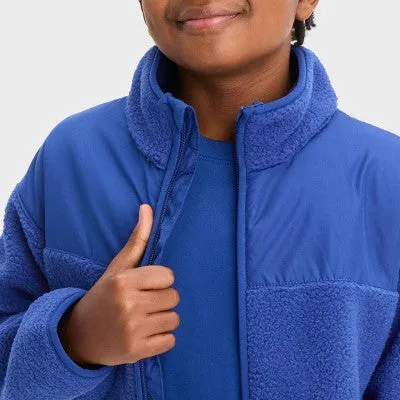 New - Boys' High Pile Cozy Full Zip Sweatshirt - All In Motion Indigo L