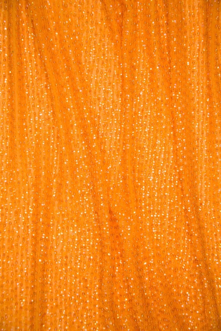 Orange Sequins & Beads on Silk Chiffon Fabric