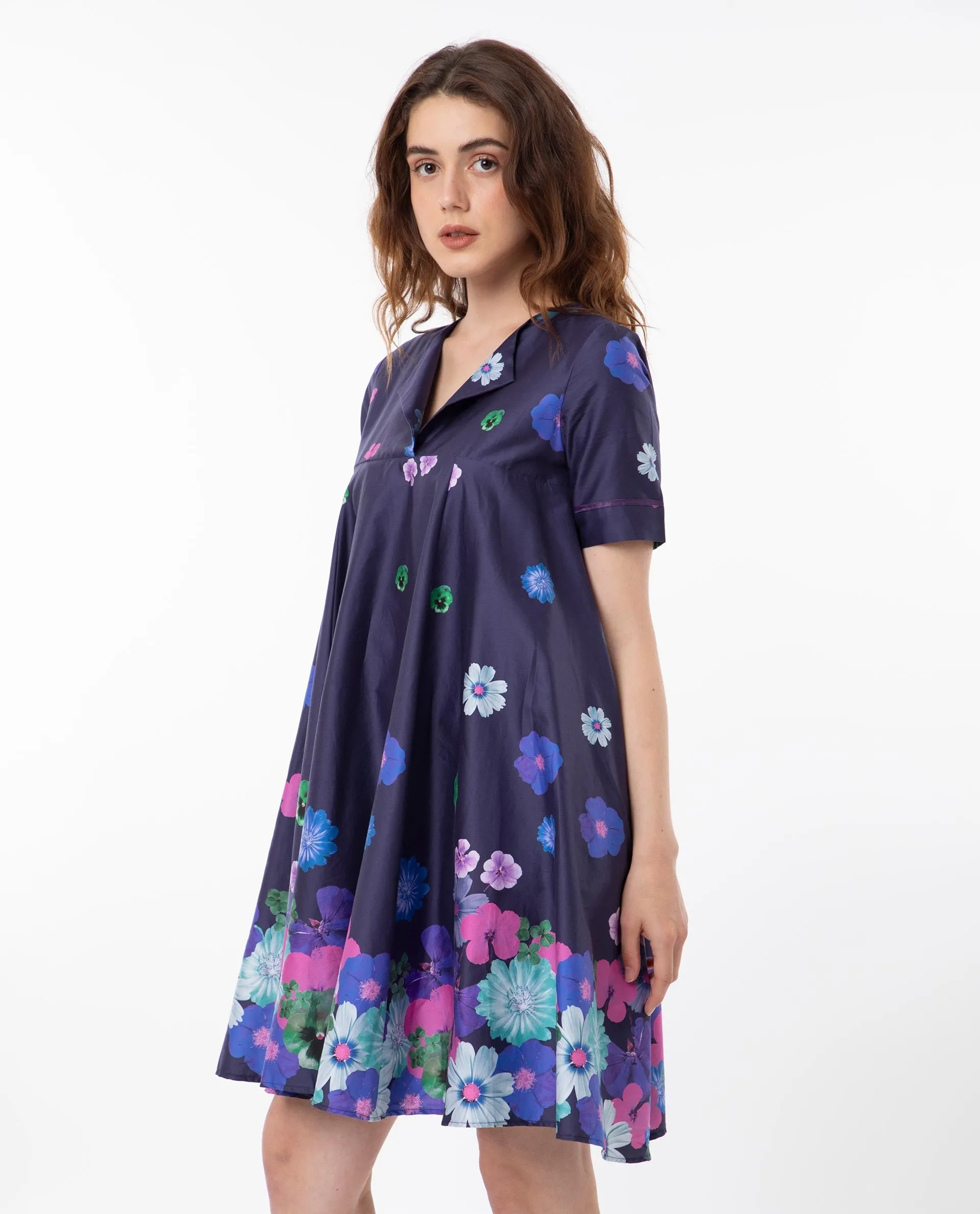 Rareism Women Belente Blue Cotton Fabric Short Sleeves Lapel Neck Flared Fit Floral Print Midi Empire Dress