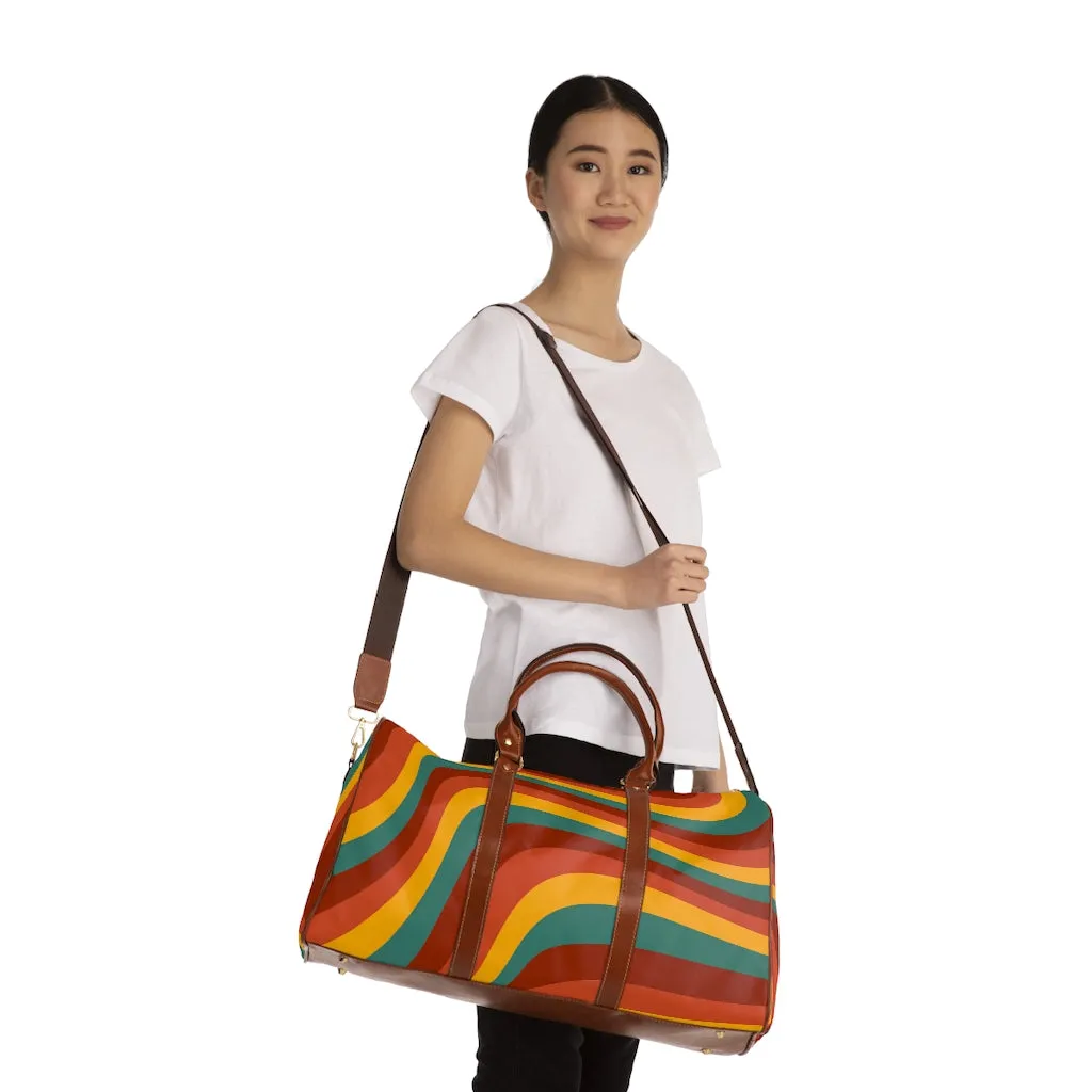 Retro Rainbow Wave Bag Overnight Waterproof Travel Bag Faux Leather