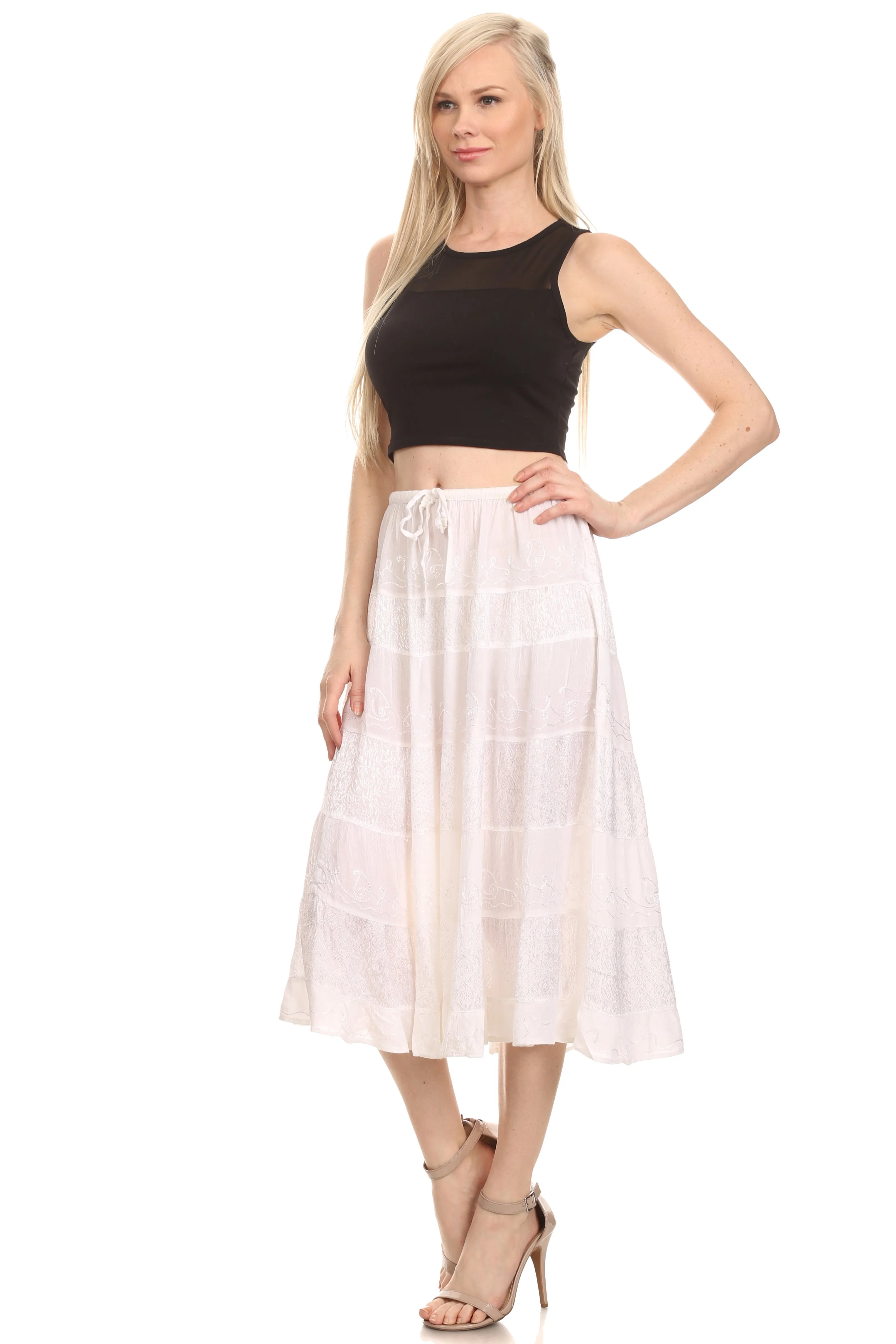 Sakkas S3114 - Rowan Mid Length Bohemian Embroidered Skirt With Adjustable Waist - Beige - OS